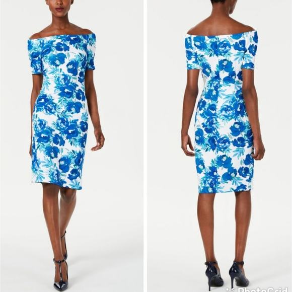 Calvin Klein Short Sleeve Off The Shoulder Sheath Dress in Regatta Multi 12 - Picture 1 of 5